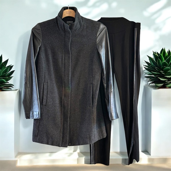 Eileen Fisher SET Leather Trimmed Wool Melton Coat and Pants - Picture 1 of 16